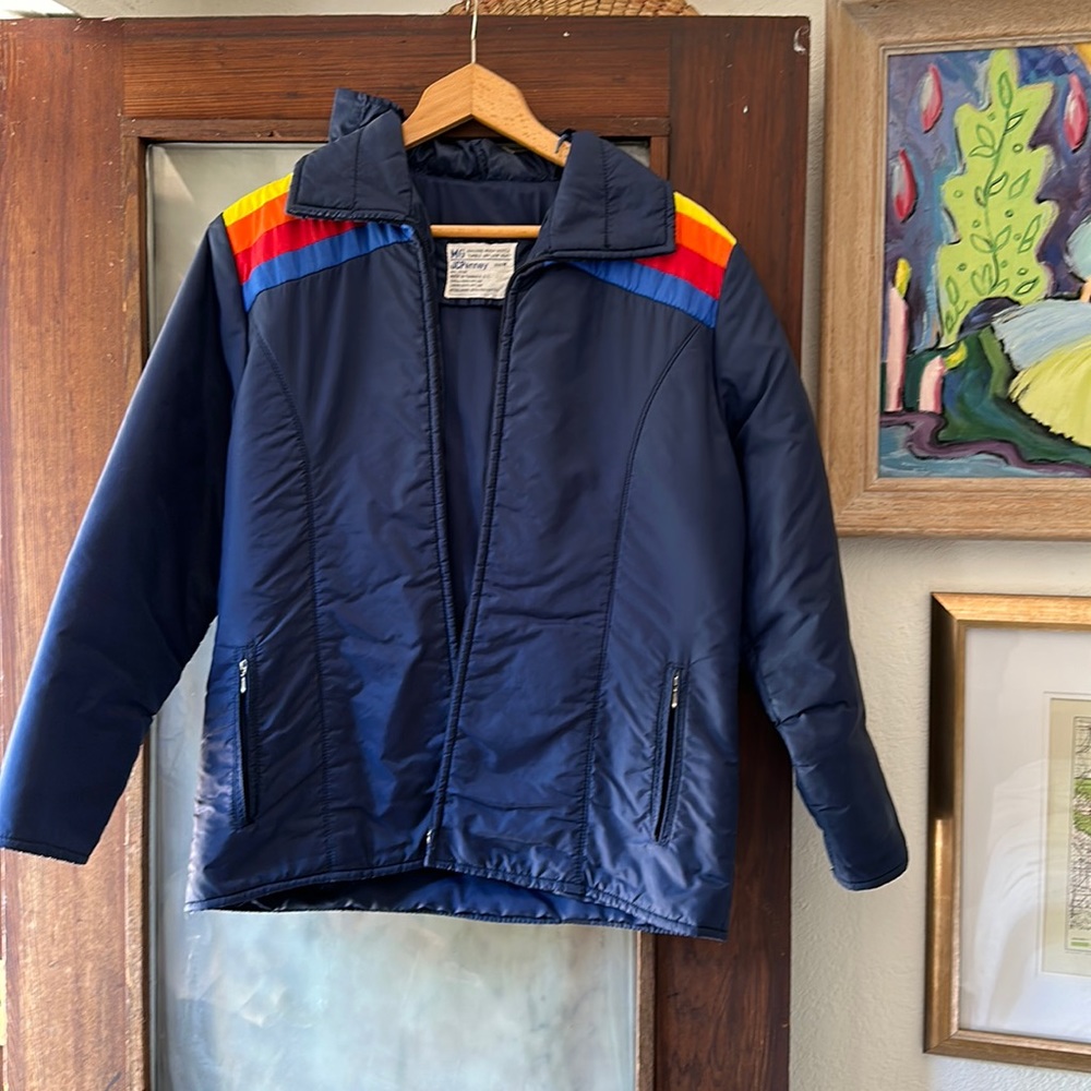 Vintage 1970s navy JCPenney windbreaker jacket, rainbow detail, concealable hood